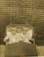 Twin babies in a wicker baby coach, Philadelphia.