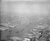 Fleet of ships sailing south on the Delaware River, Philadelphia.