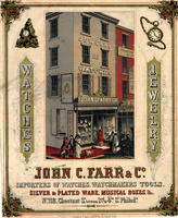John C. Farr & Co. importers of watches, watchmakers tools. Silver & plated ware, musical boxes, etc. No. 112, Chestnut St. between 3rd & 4th St. Philada.