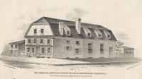 The original Moravian Church of 1746 to 1820 with the parsonage, S.E. corner of Moravian Alley (now Race St.) & Race St.