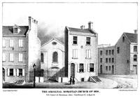 The original Moravian church of 1820. S.E. corner of Moravian Alley (now Bread Street) & Race St.