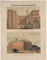 Cornelius & Baker, Philadelphia. Cherry St. manufactory, (court yard view). ; Columbia Avenue & 5th St. manufactory.
