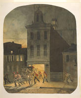 [Firehouse scene in Philadelphia showing firemen from the Weccacoe Engine Company pulling a hand-drawn fire engine as other firemen scramble to readiness]