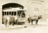[John Davis driving a horsecar out of a carbarn, Fifth & Sixth Street line, Fifth & Jackson Streets, Philadelphia.]