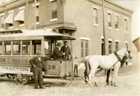 [Henry Brenster driving a horsecar, Fifth & Sixth Street line, Sixth and Jackson Streets, Philadelphia.]