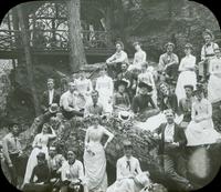 [Group portraits near a rustic pavilion, near Devil's Pool in Cresheim Creek, Fairmount Park, Philadelphia.]