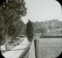 [Landscape view of woman walking bicycle along road in countryside.]