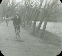 [Bicycling trip along the Schuylkill Canal, Al Schwarts and Al Lindsay bicycling along path near canal.]