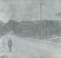 [Landscape view of curving country road, with man posing on side of road.]
