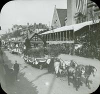 [Peace Jubilee parade, log cabin float pulled by horses in front of Keneseth Israel Temple, 1717 North Broad Street, Philadelphia.]