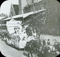 [Peace Jubilee parade, Harmony & Prosperity float in front of the Keneseth Israel Temple, 1717 North Broad Street, Philadelphia.]