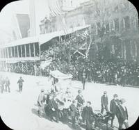 [Peace Jubilee parade, carriage pulled by goats in front of the Keneseth Israel Temple, 1717 North Broad Street, Philadelphia.]