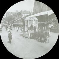 [Peace Jubilee parade, brick school building on a float in front of the Keneseth Israel Temple, 1717 North Broad Street, Philadelphia.]