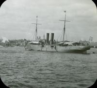 [Peace Jubilee, Naval Day, large battleship on the Delaware River, looking toward Philadelphia.]