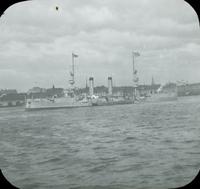 [Peace Jubilee, Naval Day, large battleship on the Delaware River, looking toward Philadelphia.]