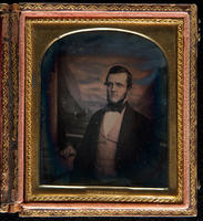 [Portrait of an unidentified young man wearing a tan waistcoat, looking to his right, with his right arm is resting on a table.]