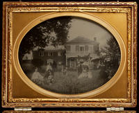 [Double image of the Magee Family posed in front of and in back of Magee Farm in Marcus Hook.]