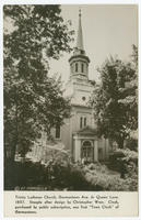 Trinity Lutheran Church, Germantown Ave. & Queen Lane, 1857. Steeple after design by Christopher Wren. Clock purchased by public subscription, was first "town clock" of Germantown.