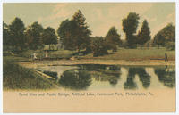 Pond lilies and rustic bridge, artificial lake, Fairmount Park postcards.