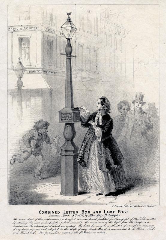 Combined letter box and lamp post. Patented March 9, 1858, by Albert Potts, Philadelphia